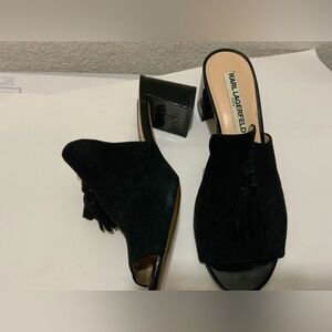 Karl Lagerfeld Paris Hettie Slide Open Toe Heels Shoes Black Suede Womens Sz 6.5